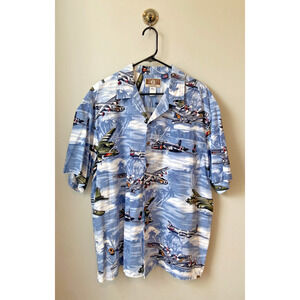 Vintage Kalaheo Hawaiian Military WW2 Bomber Plane Mens Blue Shirt USA, Size 2XL
